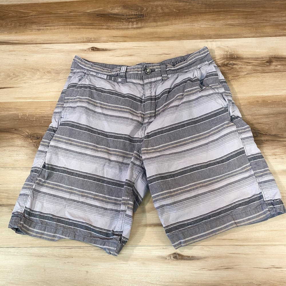 Eddie Bauer Mens Striped Cotton Shorts Grey White Tan Size 30 Flat Front Hiking